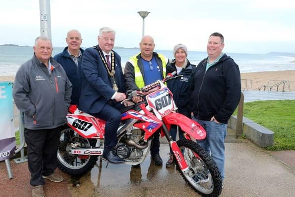 Mayor Stephen Callaghan helps launch the Portrush Beach Race which will be held on the East Strand this weekend. Credit Knock Motorcycling Club