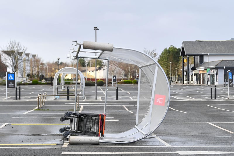 The high winds caused damage to the trolley park and sign at Sainsburys in Carrickfergus.