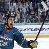 Belfast Giants' David Goodwin celebrates scoring against Coventry Blaze at the SSE Arena, Belfast. Picture by William Cherry/Presseye