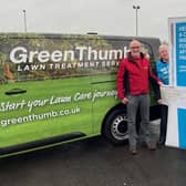 Keith Fleming of Green Thumb Lawn Service is pictured handing over a cheque for £2625 to Chair of the Ballymena and District Branch, Jimmy McClean and Treasurer, Ann Hill.