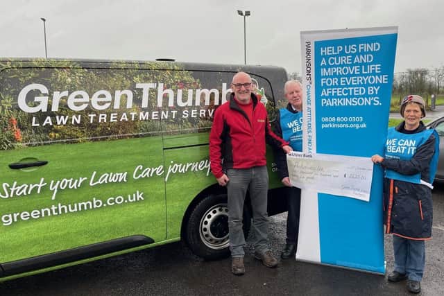 Keith Fleming of Green Thumb Lawn Service is pictured handing over a cheque for £2625 to Chair of the Ballymena and District Branch, Jimmy McClean and Treasurer, Ann Hill.