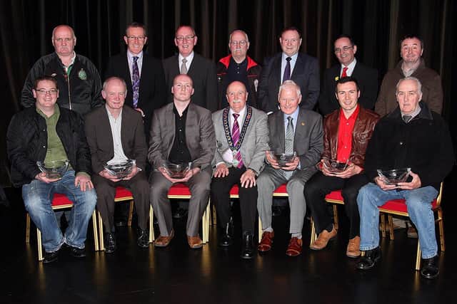 Sports awards winners (at front) with mayor Charlie Casey: Padraig Mallon, Gerry Patton, Damian O’Gorman, Charlie Casey, Jackie Poucher, Thomas O’Gorman and Billy O’Gorman. Back: TR O’Gorman, MLA Conor Murphy, councillor John Feehan, PJ O’Gorman, councillor Jackie Patterson, MLA Dominic Bradley and councillor Pat McGinn.