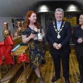 Councillor Billy Webb with co-founders Fiona McAlinden and Jo Davison, at the Gin School in 2021. Photo submitted by Antrim and Newtownabbey Council.