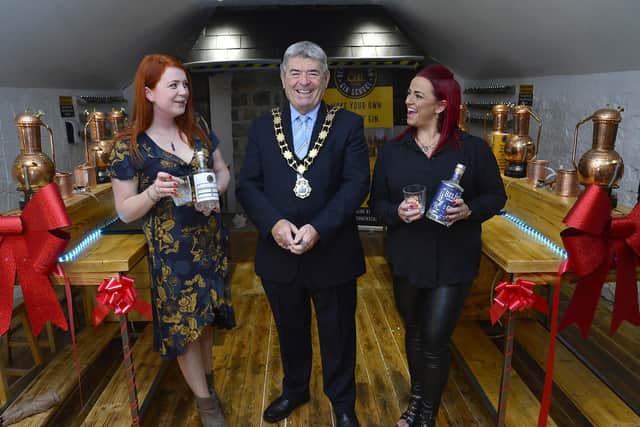 Councillor Billy Webb with co-founders Fiona McAlinden and Jo Davison, at the Gin School in 2021. Photo submitted by Antrim and Newtownabbey Council.