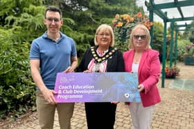 Lord Mayor of Armagh City, Banbridge & Craigavon, Cllr Mary O’Dowd launches the 2026/27 ABC Coach Education & Club Development programme with Cllr Robbie Alexander, Chair of Community & Wellbeing Committee and Edith Jameson, Chair of ABC Sports Forum.