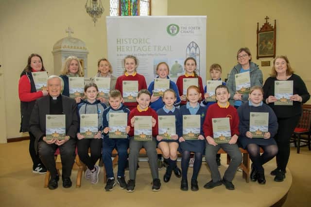 Canon Noel McGahan PP Clogher Parish with and pupils, teachers and volunteers of the heritage committee at the launch of Key Stage 2 Heritage Education Programme. Credit: Submitted