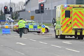 Police at the scene of a road traffic collision at Mallusk. Scullions Road and Mallusk Road were closed in both directions for several hours.
Picture: Pacemaker