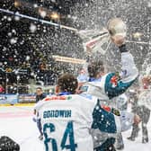 Belfast Giants celebrate winning the Elite Ice Hockey League after Sunday night's game against the Nottingham Panthers at the Motorpoint Arena, Nottingham.  Photo by William Cherry/Presseye