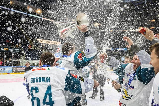 Belfast Giants celebrate winning the Elite Ice Hockey League after Sunday night's game against the Nottingham Panthers at the Motorpoint Arena, Nottingham. Photo by William Cherry/Presseye