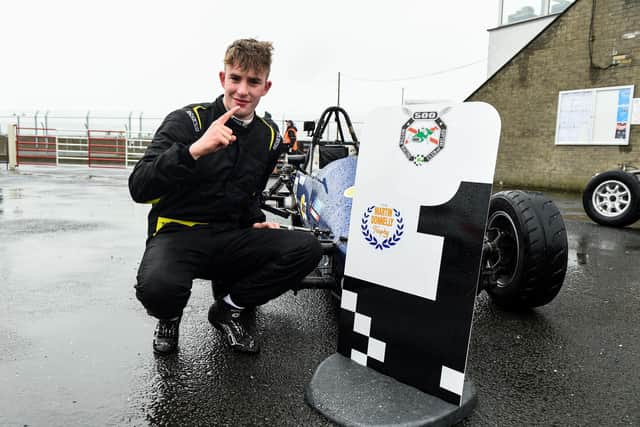 Ronan Doherty celebrates after winning the Emerson Fittipaldi race. Kirkistown Racing Circuit. Picture: Barry Cregg.