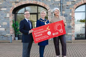 Chair of Mid Ulster District Council, Councillor Deirdre Varsani is pictured at the launch of this year’s Mid Ulster Enterprise Week with John Campbell and Lynette Fay. Credit: Supplied