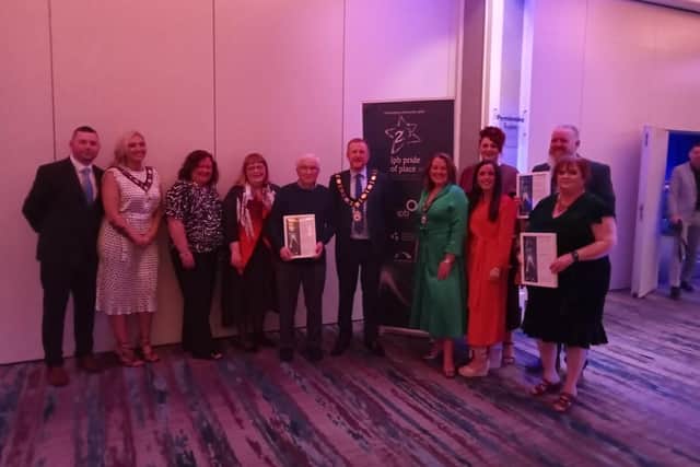 Deputy Mayor of Antrim and Newtownabbey, Cllr Leah Smyth and her partner Gary Kirkpatrick, Liz Walker (Whiteabbey), Cllr Julie Gilmour, Seamus Kelly (Bawnmore), Mayor of Antrim and Newtownabbey, Ald Stephen Ross, Cllr Paula Bradley (Mayoress), Carolyn Tailford (A Safe Space), Darrin Walker (Whiteabbey), Claire Magee (Bawnmore) and Siobhain Murphy (A Safe Space).