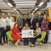 Sponsors are (seated): Caroline Rowley, Kilwaughter Minerals; Mayor; Fiona Byrne, Kilwaughter Minerals; (standing) Chris Gault, Caterpillar; William Nelson, Wright Bus; Tracy Mearns, Yelo; Graeme Bennett, IPC Mouldings; Graham Whitehurst, Chair of the Manufacturing Task Force; David Watson, Ryobi; Noel Mulholland, Michelin Development and Gemma McAuley, Kilwaughter Minerals.  Photo: McAuley Multimedia