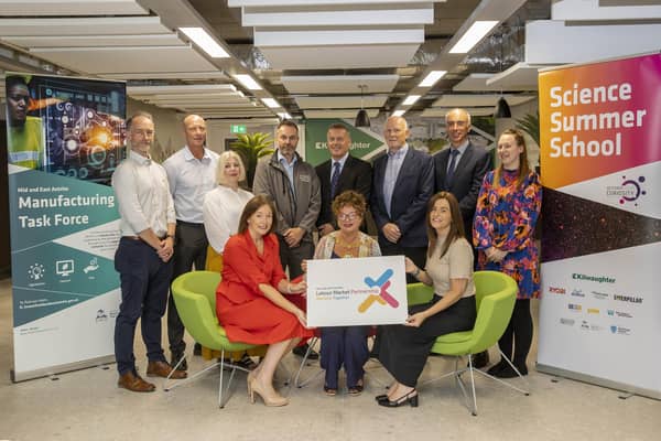 Sponsors are (seated): Caroline Rowley, Kilwaughter Minerals; Mayor; Fiona Byrne, Kilwaughter Minerals; (standing) Chris Gault, Caterpillar; William Nelson, Wright Bus; Tracy Mearns, Yelo; Graeme Bennett, IPC Mouldings; Graham Whitehurst, Chair of the Manufacturing Task Force; David Watson, Ryobi; Noel Mulholland, Michelin Development and Gemma McAuley, Kilwaughter Minerals.  Photo: McAuley Multimedia