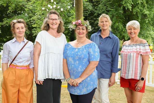 Pictured, from left: are competition judge and milliner Marie-Claire Ferguson, winners Paula Conroy and Ellie Nesbitt, fellow judge and horticulturalist Marie Staunton, and compere Pamela Ballantine. Credit: Garden Show Ireland