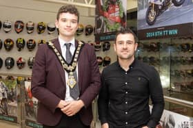 Ballymoney road racer Michael Dunlop, pictured with the Mayor of Causeway Coast and Glens, Councillor Ciarán McQuillan, at his Homecoming event in October 2024. CREDIT CCGBC