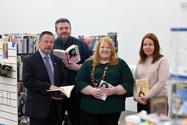 Marking Book Week NI, Justice Minister Naomi Long is pictured at Hydebank Wood College library with Governor Richard Taylor, Activities & PDU Governor Chris Douglas and Marie O’Neill, Head of Learning and Skills, Belfast Met. Pic credit: Michael Cooper