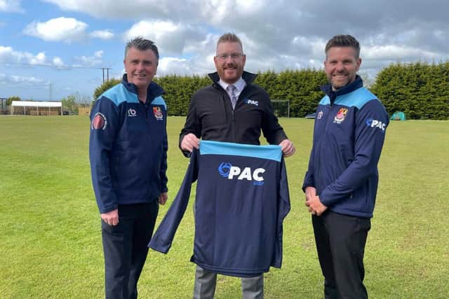 From left umpire Brian Alexander (NIACUS), Darren Leslie (PAC Group) and Gareth Morrison (NIACUS)