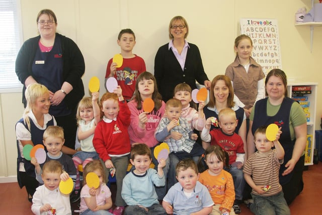 Staff and pupils at Little Friends Nursery Ballymoney enjoy an Easter Egg Hunt event in 2006. Included are Pearl Wishart, manager, Orla O'Boyle, Linda Chestnutt, Sharon Quinn and Katrina McKenna.