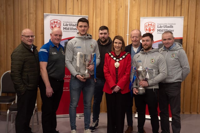 Pictured at the Civic Awards with Chair of the Council, Councillor Córa Corry, are representatives from Galbally Pearses GAC who won both the Tyrone and Ulster Intermediate titles. Also pictured are nominating councillors, Councillor Dan Kerr and Councillor Sean McGuigan with Councillor Dominic Molloy.