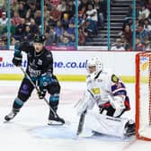 Belfast Giants’ Jordan Kawaguchi with Dundee Stars’ Richard Sabol during a Challenge Cup at the SSE Arena, Belfast.  Photo by William Cherry/Presseye