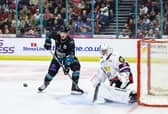 Belfast Giants’ Jordan Kawaguchi with Dundee Stars’ Richard Sabol during a Challenge Cup at the SSE Arena, Belfast.  Photo by William Cherry/Presseye