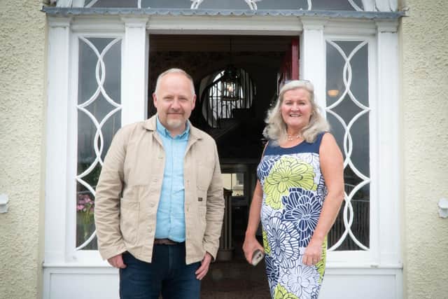 Mark Thompson with Phyllis Clyde, owner of Woodbank House near Garvagh, during filming at the house for Talkin’ Tay. Credit BBC