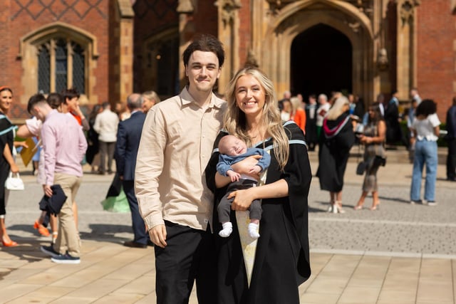 Lauren McAleese from Ballyclare is pictured celebrating her graduation with a degree in Social Work. Lauren is pictured with her three-week-old son, Kennedy and partner Kyle.