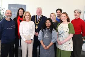 Gathered at the Causeway Craft Trail event in Flowerfield Art Centre are (L-R) John Wilkinson (Valkyrie Crafts), Emma Thorpe (Stone Row Artisans), Kerrie McGonigle (Council’s Destination Manager), Mayor of Causeway Coast and Glens, Councillor Steven Callaghan, Lucy Hutchinson (Fiona Shannon Ceramics), Laura McIlveen (The Designerie), Adam Frew (Ceramics Artist), Maud McArthur (The Designerie) and Claire McDowell (Stone Row Artisans).