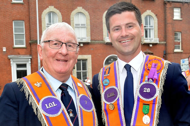Former ABC Borough Council Alderman Sydney Anderson, left, and Upper Bann MLA, Jonathan Buckley catching up before the mini Twelfth parade on Saturday. PT24-245.
