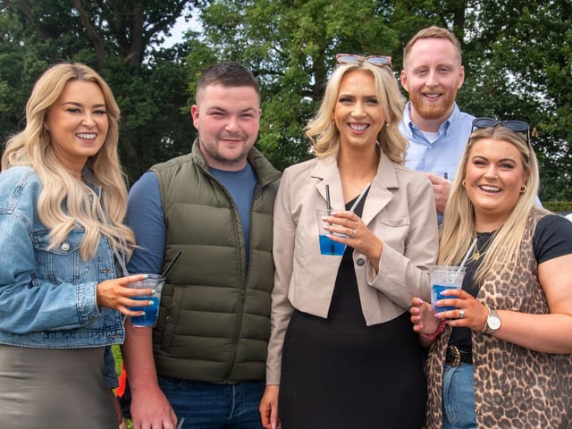 Enjoying a great day out at Scarva on Saturday are from left, Laura Hewitt, Andrew Watters, Fiona Byres, Ben Brownfield and Claire Brownfield. TH 113.