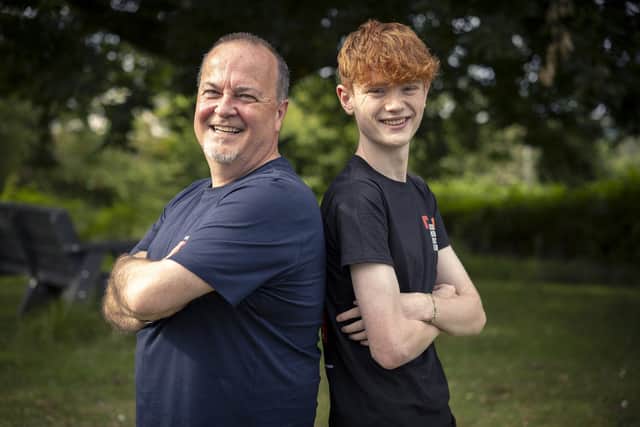 Tony Macaulay and Dara McNaughton (playing young Tony). CREDIT REX MEDIA