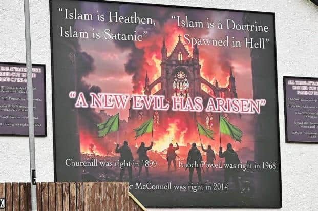 Police are treating the erection of a mural in Newtownabbey as a hate incident and potential criminal damage. Photo: Pacemaker Press
