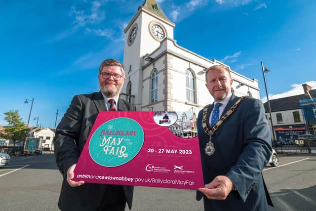 Former Mayor of Antrim and Newtownabbey, Alderman Stephen Ross pictured with the chief executive or the Ulster-Scots Agency, Ian Crozier, launching the 2023 Ballyclare May Fair. Pic: Antrim and Newtownabbey Borough Council