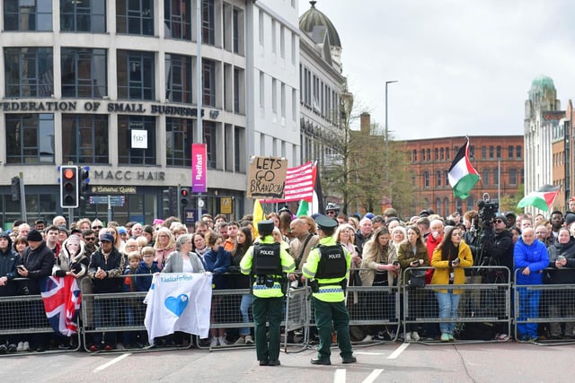 Crowds gather outside the Ulster University on Wednesday as US President Joe Biden visits Belfast as part of his trip to Northern Ireland. Picture: Colm Lenaghan/Pacemaker
