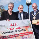 The Chair of Mid Ulster District Council, Councillor Dominic Molloy is pictured with Carol Doey, The Hub BT45, and Norman Wilson MBE, Cookstown Chamber of Commerce, as we launch the return of the Cookstown Continental Market. Credit: Submitted