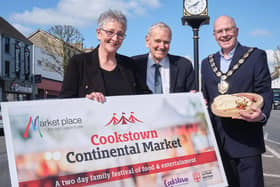 The Chair of Mid Ulster District Council, Councillor Dominic Molloy is pictured with Carol Doey, The Hub BT45, and Norman Wilson MBE, Cookstown Chamber of Commerce, as we launch the return of the Cookstown Continental Market. Credit: Submitted
