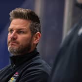 Belfast Giants head coach Adam Keefe watching the game last Friday against the Glasgow Clan at Braehead. It was a game that the Giants went on to win 4-2. Picture: Al Goold
