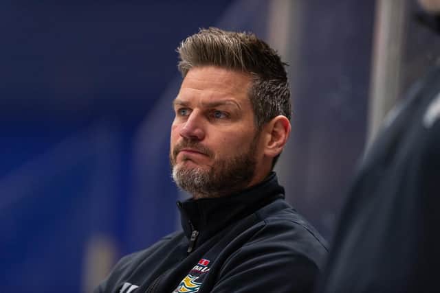 Belfast Giants head coach Adam Keefe watching the game last Friday against the Glasgow Clan at Braehead. It was a game that the Giants went on to win 4-2. Picture: Al Goold