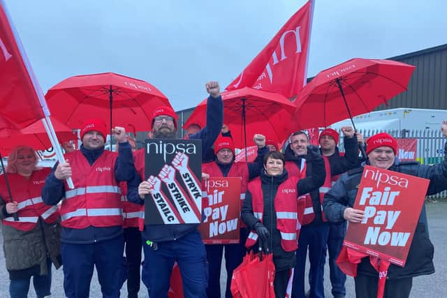 NIPSA members take to the picket line at BSO in Lissue Industrial Estate in Lisburn. Pic credit: NIPSA
