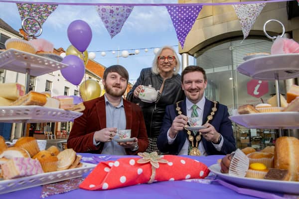 Mayor of Lisburn & Castlereagh City Council, Councillor Scott Carson launches the council’s King's Coronation programme alongside Councillor Aaron McIntyre, Leisure & Community Development Chairman and Councillor Hazel Legge, Chair of the council's Coronation Working Group