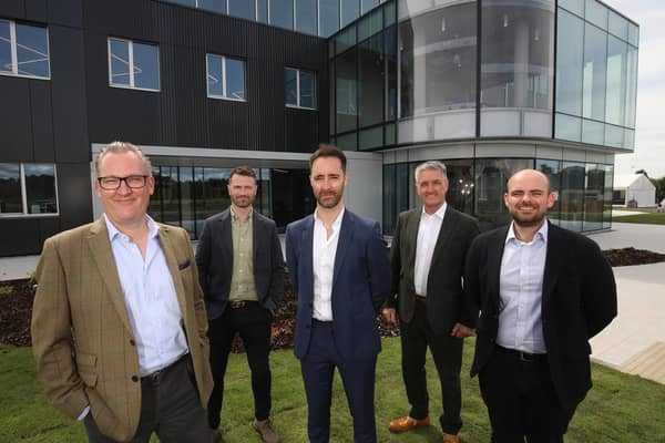 Pictured at Clarke’s new offices in Ballymena are, from left to right, Adrian Ringrose, non-executive chair, Clarke Façades; Chris Nixon, BGF; Eugene Clarke, managing director, Clarke Façades; Michael Clarke, founder, Clarke Façades; and John Devine, BGF.