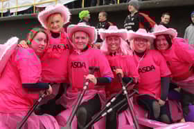 GO GIRLS...ASDA girls Maggie McFarlane, Emma Dinsmore, Nicola Pattison, Ciara McCaul, Annie Scott, Charlotte Palmer pictured during the Portrush RNLI Raft race in 2010