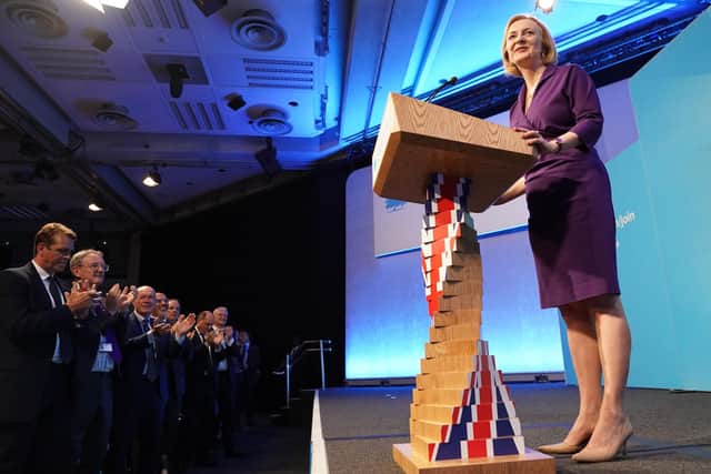 LONDON, UNITED KINGDOM - SEPTEMBER 05: Foreign Secretary Liz Truss delivers an acceptance speech at the Queen Elizabeth II Conference Centre in Westminster after being announced the winner of the Conservative Party leadership contest in London, United Kingdom on September 05, 2022. Liz Truss will be appointed as Britain's new prime minister on Tuesday after Boris Johnson visits the Queen at Balmoral to officially resign his position. (Photo by Stefan Rousseau - Pool/Getty Images)