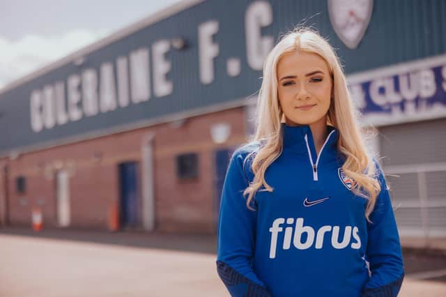 Coleraine Football Club’s Lori Watton, the latest superfan being highlighted by Fibrus, showing how fans are the backbone of our communities, putting a spotlight on the inspiring people behind local sports clubs in Northern Ireland. Credit David Cavan