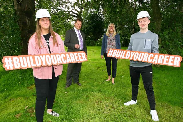 From left, student Beth McGann, Barry Neilson Chief Executive CITB NI, Amanda Stevenson Project Manager CITB NI and student Caelan Fisher. Picture: Paul Burgman
