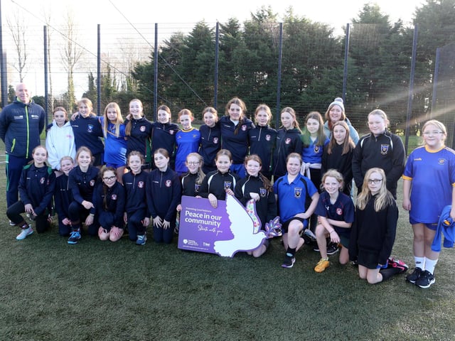 Pupils from Coleraine Grammar, Loreto College and Ballycastle High who participated in the “Different Ball Same Goal” Finale at Rugby Avenue playing fields Coleraine on 25th November. Included in the photo are Stephen McCartney, Sports Development Manager (Performance & Coaching) and Joy Wisener, Good Relations Officer.