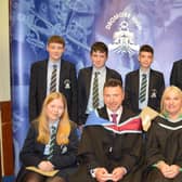 Year 9 Prize Winners - Isaac McKeown, Noah Ferris, Jacob Logan, Cody Buchanan. Front row, Jessica Chambers, Mr Piotr Sidor Director of KS3, Mrs Ruth Ravey Vice Principal, Rachel Anderson