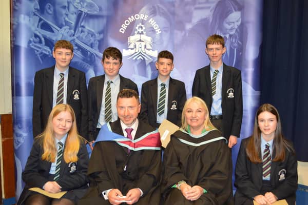 Year 9 Prize Winners - Isaac McKeown, Noah Ferris, Jacob Logan, Cody Buchanan. Front row, Jessica Chambers, Mr Piotr Sidor Director of KS3, Mrs Ruth Ravey Vice Principal, Rachel Anderson