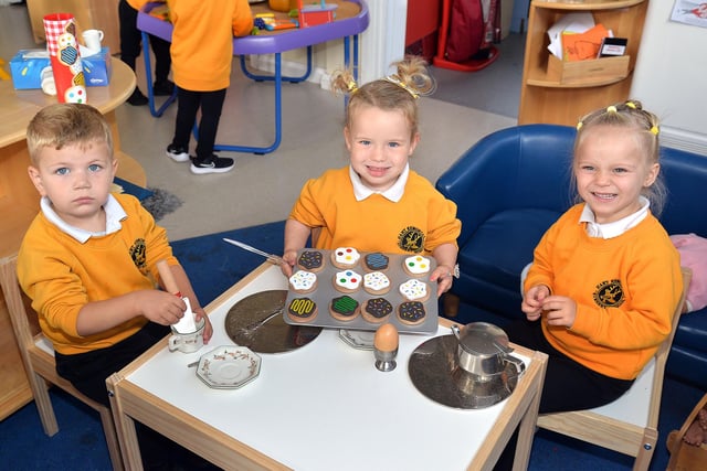 Having a tea and buns party at Hart Memorial Nursery Unit  are pupils from left, Milan, Esme and Olivia. PT40-311.